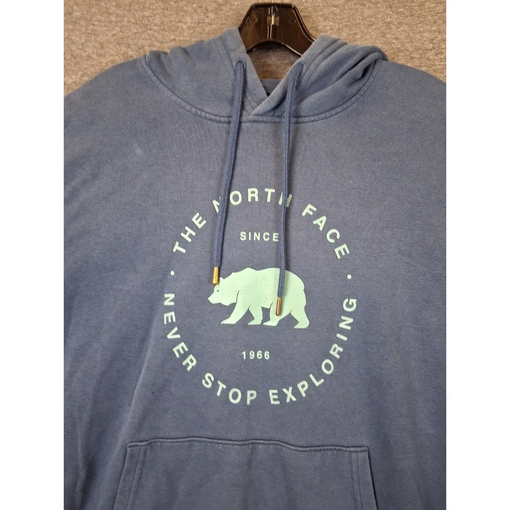 The North Face Mens Sweatshirt L Blue Hoodie Never Stop Exploring Spellout Gorp